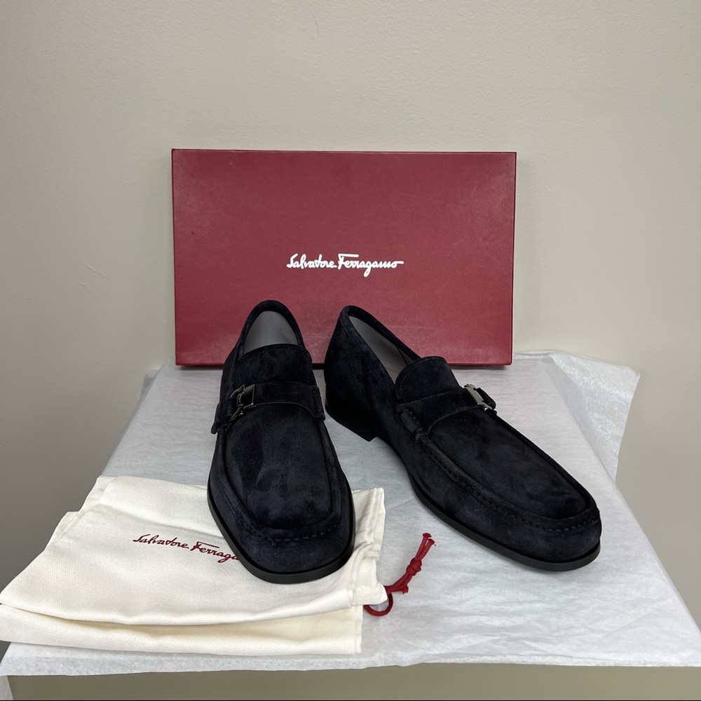 Salvatore Ferragamo Adam Suede Loafers in Dark Blue - Picture 1 of 11